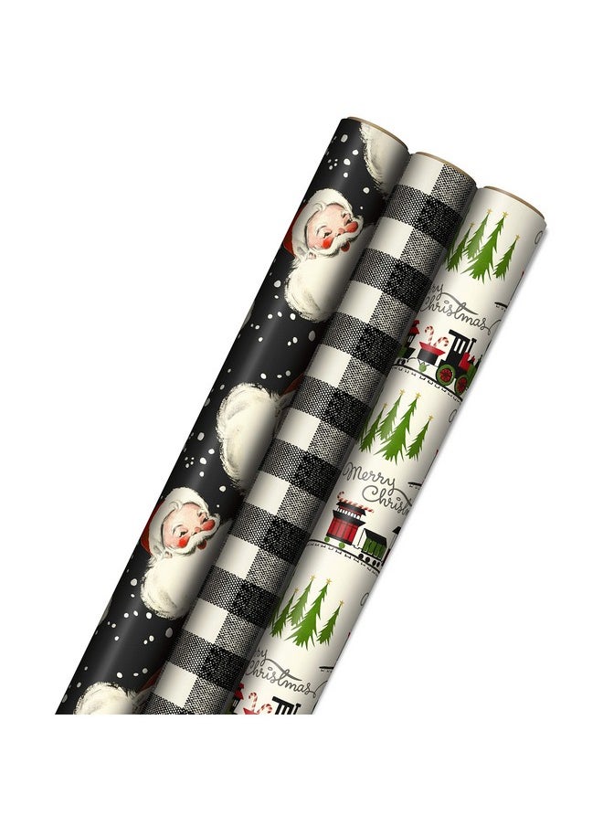 Black Christmas Wrapping Paper With Cut Lines On Reverse (3 Rolls: 120 Sq. Ft. Ttl) Retro Santa, Black And White Buffalo Plaid, Train And Trees (0005Jxw1077)