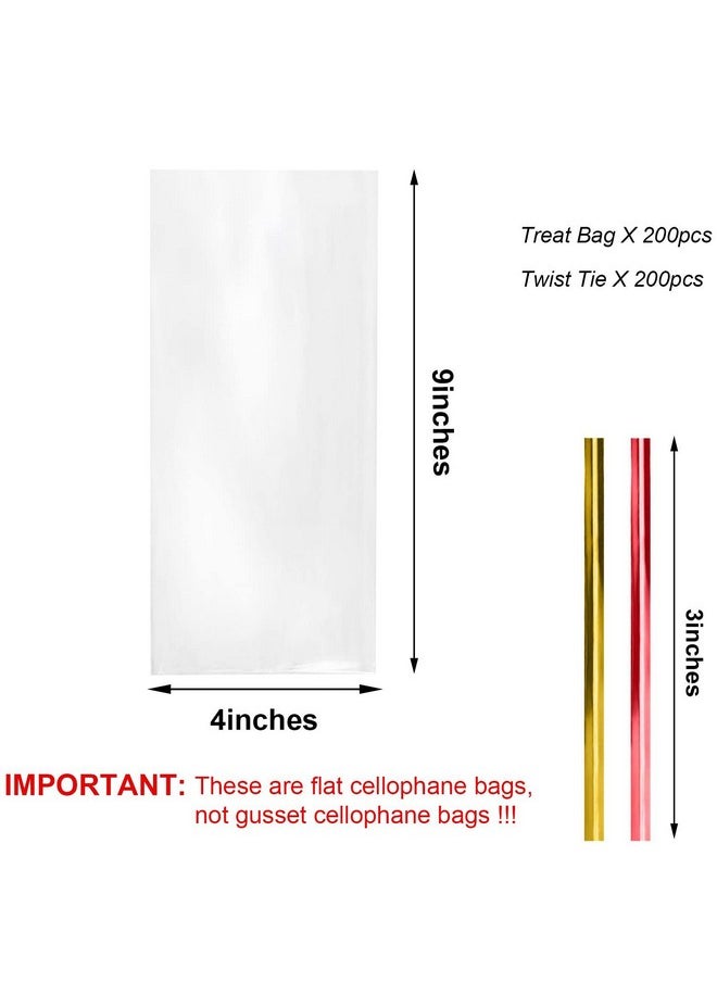 Morepack Cellophane Treat Bags,4x9 Inches Clear Cellophane Bags 200 Pcs OPP Plastic Treat Bags with 200 Twist Ties for Gift Wrapping,Packaging Candies,Bakery, Cookies, Chocolate,Party Favors