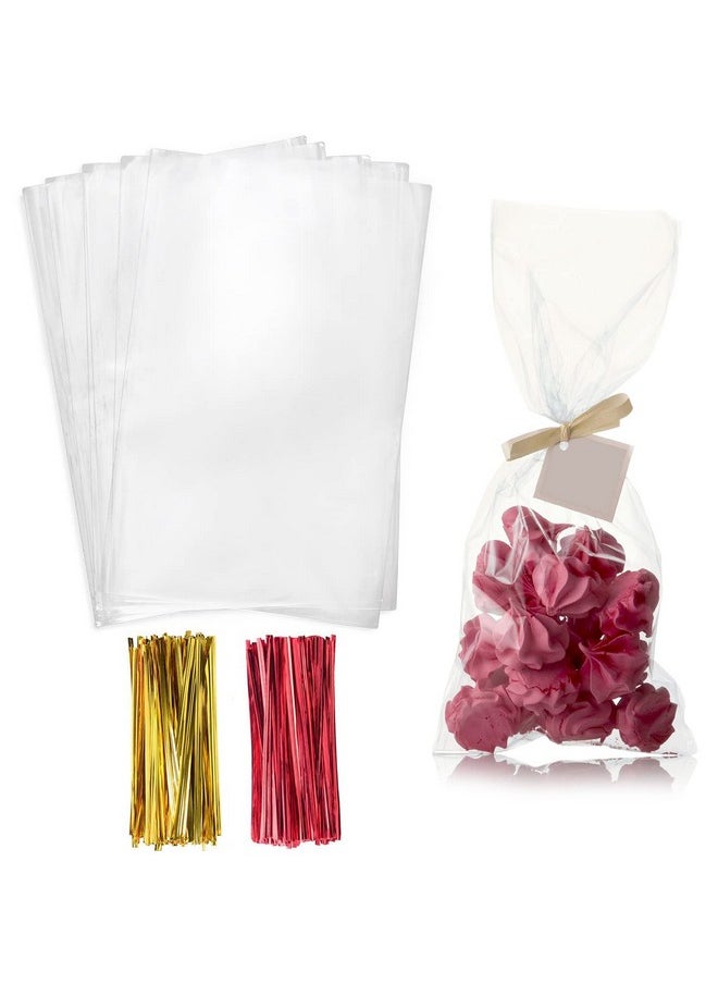 Morepack Cellophane Treat Bags,4x9 Inches Clear Cellophane Bags 200 Pcs OPP Plastic Treat Bags with 200 Twist Ties for Gift Wrapping,Packaging Candies,Bakery, Cookies, Chocolate,Party Favors