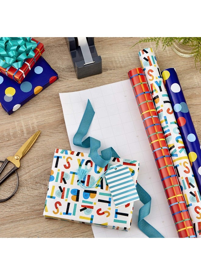 Hallmark Birthday Wrapping Paper Bundle with Cut Lines on Reverse (3-Pack: 55 sq. ft. ttl.) Bright and Holographic Prints and Patterns in Red, Blue, Yellow, White and More