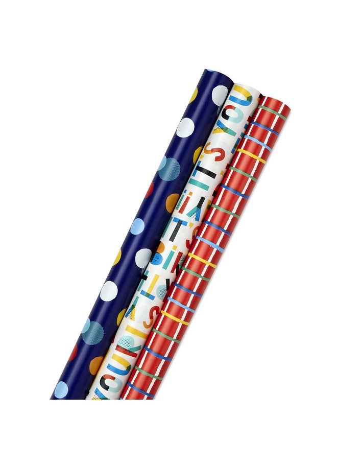 Hallmark Birthday Wrapping Paper Bundle with Cut Lines on Reverse (3-Pack: 55 sq. ft. ttl.) Bright and Holographic Prints and Patterns in Red, Blue, Yellow, White and More