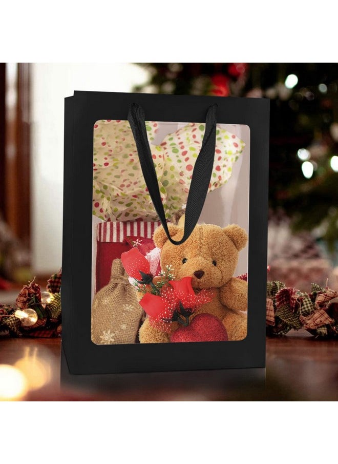 12 Pcs Black Kraft Paper Gift Bags with Transparent Window, 9.84