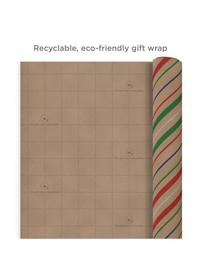 Hallmark Recyclable Christmas Wrapping Paper for Kids with Cut Lines on Reverse (4 Rolls: 88 sq. ft. ttl) Kraft Brown with Christmas Lights, Deer, Snowflakes, Red, Green, Blue Stripes (0005JXW1212)