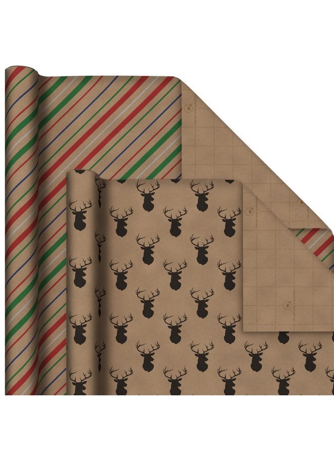 Hallmark Recyclable Christmas Wrapping Paper for Kids with Cut Lines on Reverse (4 Rolls: 88 sq. ft. ttl) Kraft Brown with Christmas Lights, Deer, Snowflakes, Red, Green, Blue Stripes (0005JXW1212)