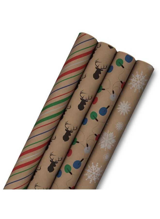 Hallmark Recyclable Christmas Wrapping Paper for Kids with Cut Lines on Reverse (4 Rolls: 88 sq. ft. ttl) Kraft Brown with Christmas Lights, Deer, Snowflakes, Red, Green, Blue Stripes (0005JXW1212)