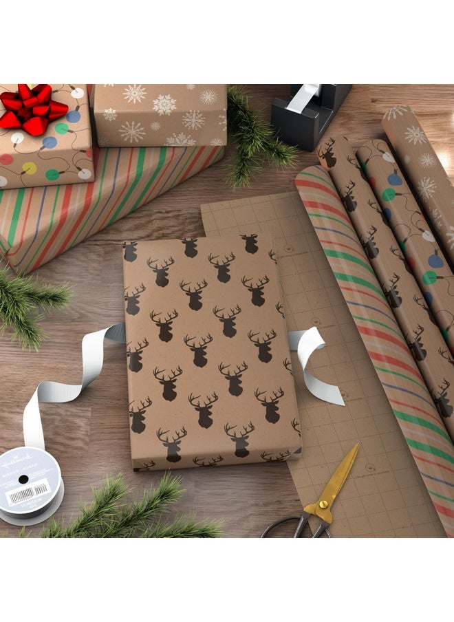 Hallmark Recyclable Christmas Wrapping Paper for Kids with Cut Lines on Reverse (4 Rolls: 88 sq. ft. ttl) Kraft Brown with Christmas Lights, Deer, Snowflakes, Red, Green, Blue Stripes (0005JXW1212)