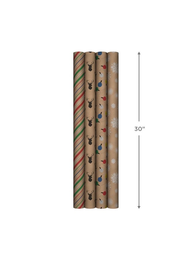 Hallmark Recyclable Christmas Wrapping Paper for Kids with Cut Lines on Reverse (4 Rolls: 88 sq. ft. ttl) Kraft Brown with Christmas Lights, Deer, Snowflakes, Red, Green, Blue Stripes (0005JXW1212)