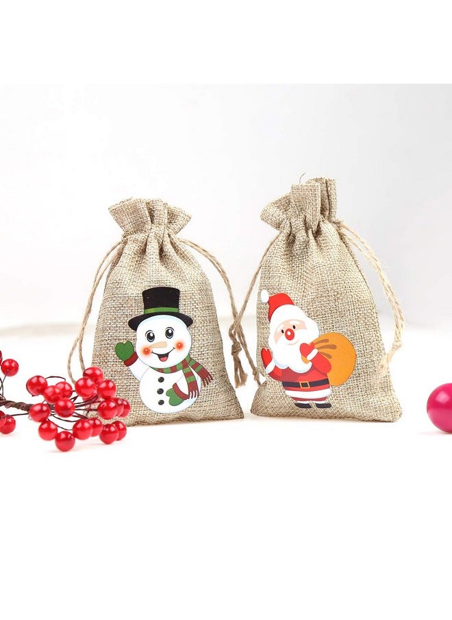 CCINEE 36pc Christmas Linen Bags with Drawstrings Christmas Burlap Goody Gift Bags with Double Jute Drawstrings, 4 designs Snowman, Santa Claus, Penguin and Elk