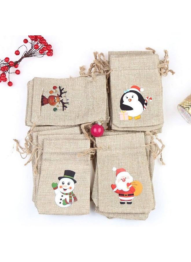 CCINEE 36pc Christmas Linen Bags with Drawstrings Christmas Burlap Goody Gift Bags with Double Jute Drawstrings, 4 designs Snowman, Santa Claus, Penguin and Elk
