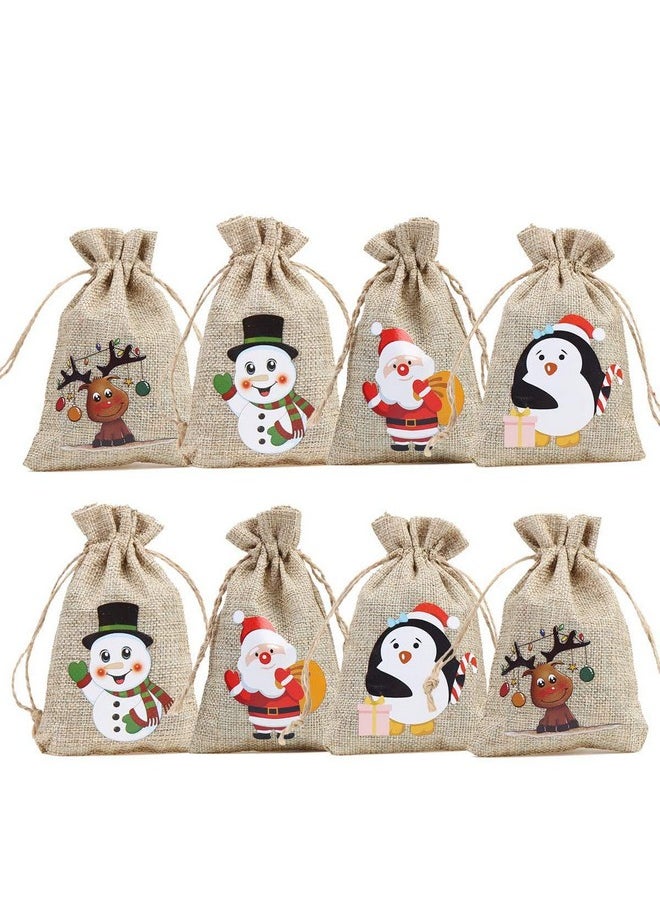 CCINEE 36pc Christmas Linen Bags with Drawstrings Christmas Burlap Goody Gift Bags with Double Jute Drawstrings, 4 designs Snowman, Santa Claus, Penguin and Elk