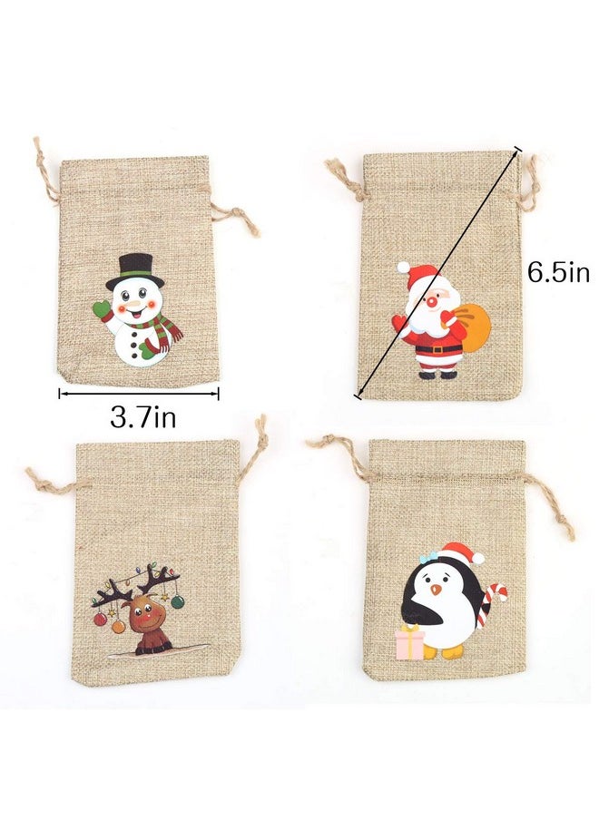 CCINEE 36pc Christmas Linen Bags with Drawstrings Christmas Burlap Goody Gift Bags with Double Jute Drawstrings, 4 designs Snowman, Santa Claus, Penguin and Elk
