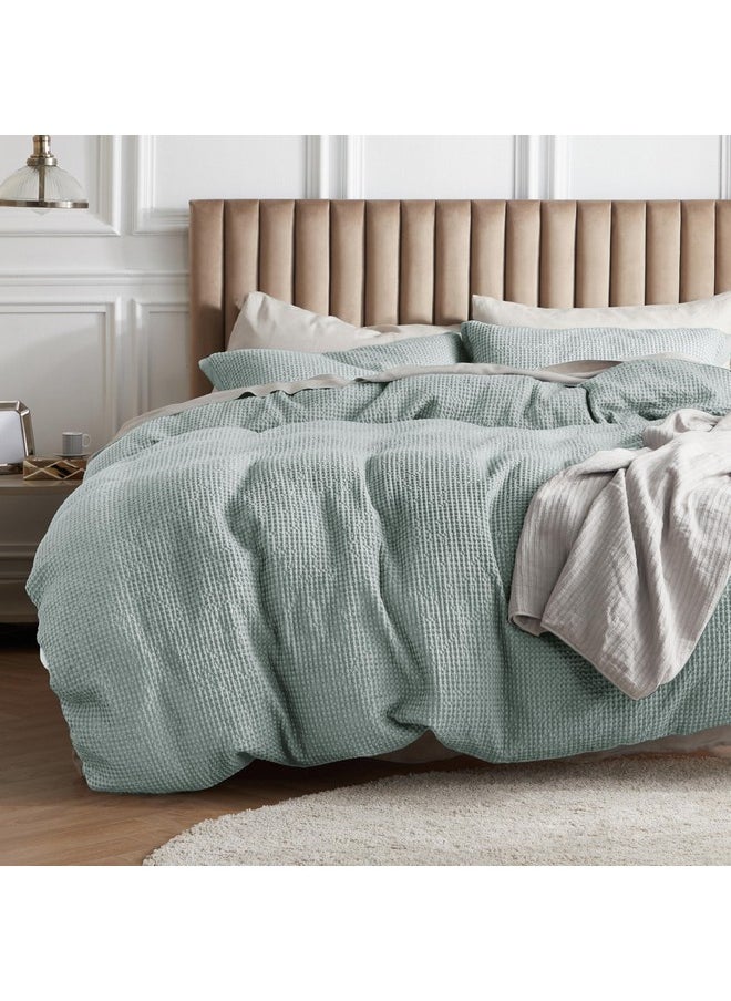 Bedsure Cotton Duvet Cover King - 100% Cotton Waffle Weave Light Blue Duvet Cover King Size, Soft and Breathable King Duvet Cover Set for All Season (King, 104