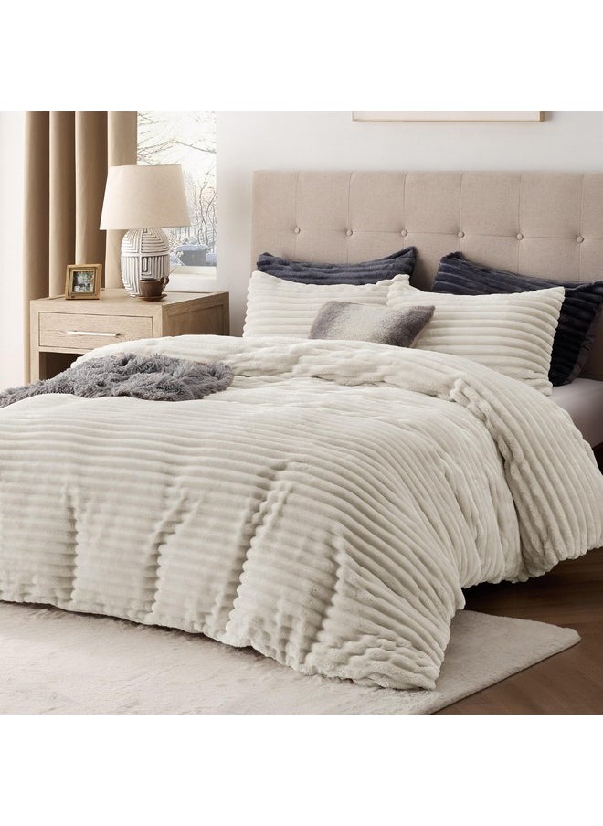 Bedsure Fluffy Comforter Cover Set - Ultra Soft Plush Shaggy Duvet Cover King Size, Warm Flannel Fleece Bed Sets for Winter, 3 Pieces, 1 Duvet Cover+2 Pillowcases (Striped Pattern, Linen)