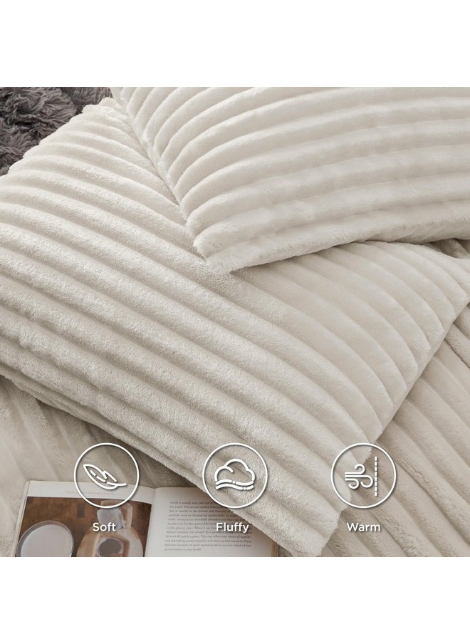 Bedsure Fluffy Comforter Cover Set - Ultra Soft Plush Shaggy Duvet Cover King Size, Warm Flannel Fleece Bed Sets for Winter, 3 Pieces, 1 Duvet Cover+2 Pillowcases (Striped Pattern, Linen)