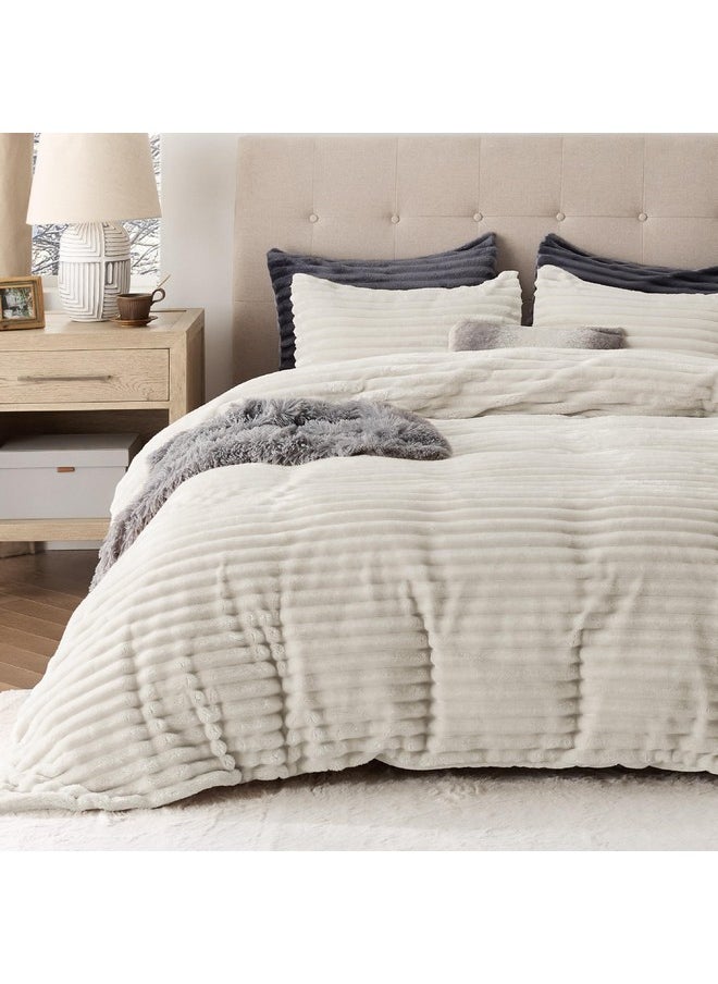 Bedsure Fluffy Comforter Cover Set - Ultra Soft Plush Shaggy Duvet Cover King Size, Warm Flannel Fleece Bed Sets for Winter, 3 Pieces, 1 Duvet Cover+2 Pillowcases (Striped Pattern, Linen)