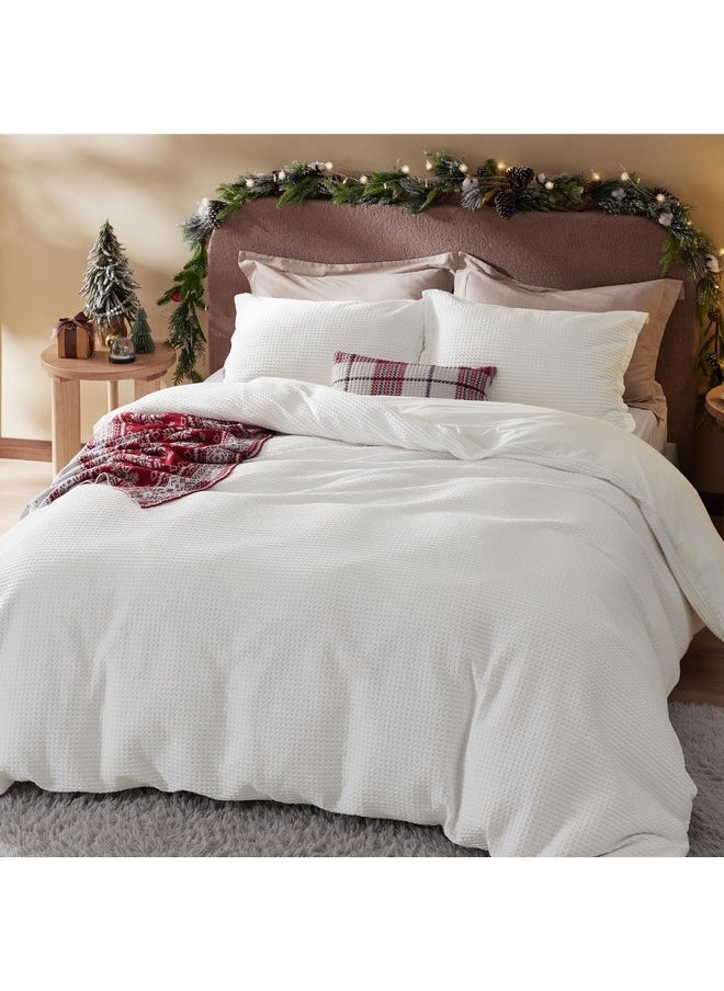 Bedsure Cotton Duvet Cover Queen - 100% Cotton Waffle Weave Coconut White Duvet Cover Queen Size, Soft and Breathable Queen Duvet Cover Set for Gifts (Queen, 90