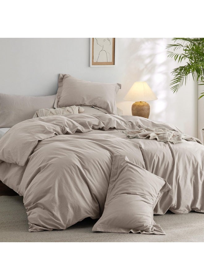 Bedsure 100% Washed Cotton Duvet Cover Queen - Linen Grey Minimalist Cotton Duvet Cover Set Linen Like - 3 Pieces Plain Simple Duvet Cover with 2 Pillow Shams (Linen Grey, Queen, 90