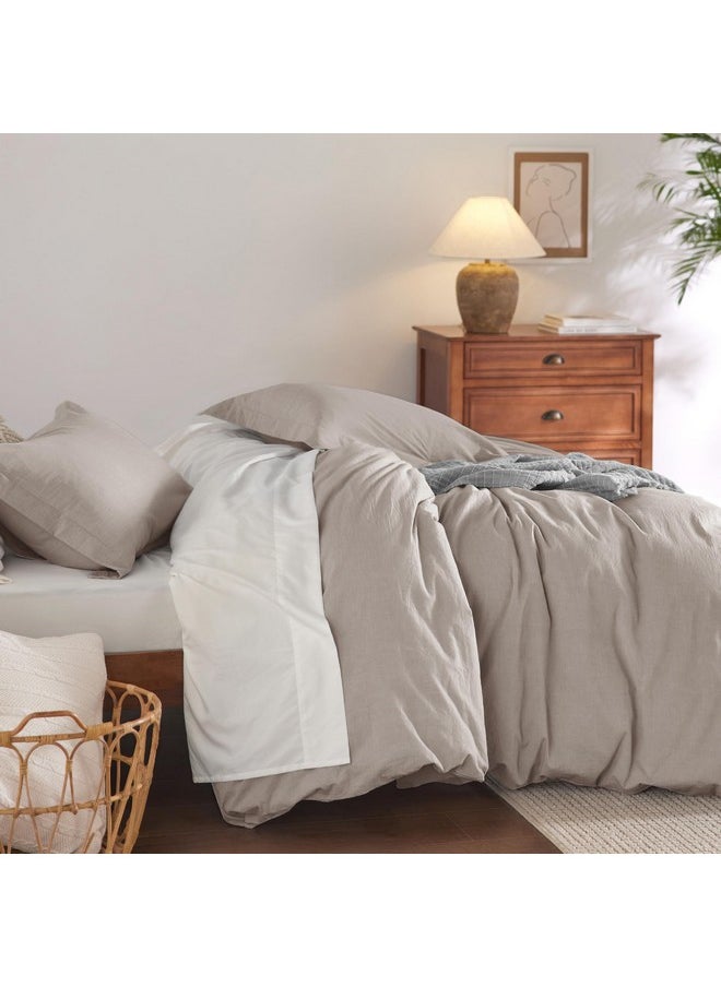 Bedsure 100% Washed Cotton Duvet Cover Queen - Linen Grey Minimalist Cotton Duvet Cover Set Linen Like - 3 Pieces Plain Simple Duvet Cover with 2 Pillow Shams (Linen Grey, Queen, 90