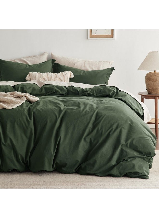 Bedsure 100% Washed Cotton Duvet Cover Queen - Olive Green Minimalist Cotton Duvet Cover Linen Like - 3 Pieces Plain Simple Cotton Duvet Cover Set with 2 Pillow Shams (Olive Green, Queen, 90