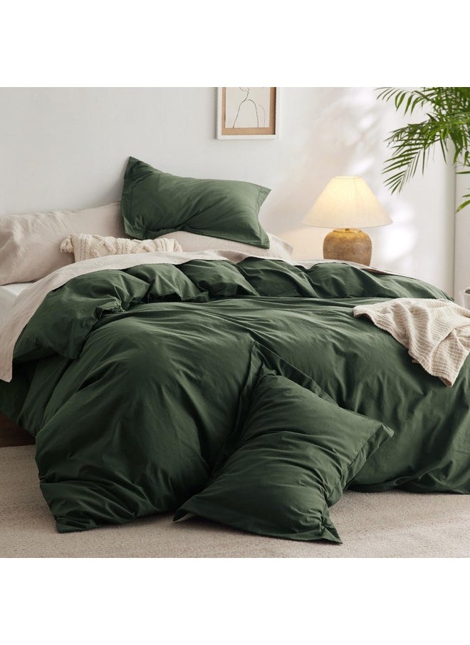 Bedsure 100% Washed Cotton Duvet Cover Queen - Olive Green Minimalist Cotton Duvet Cover Linen Like - 3 Pieces Plain Simple Cotton Duvet Cover Set with 2 Pillow Shams (Olive Green, Queen, 90