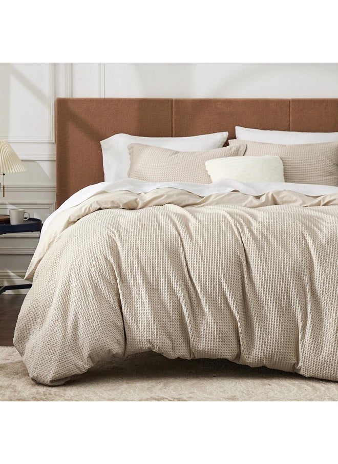 Bedsure Cotton Duvet Cover Set - 100% Cotton Waffle Weave Beige Duvet Cover Oversized Queen Size, Soft and Breathable Duvet Cover Set for All Season (Oversized Queen, 98