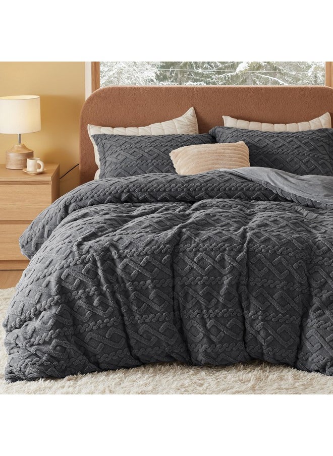 Bedsure Fluffy Comforter Cover Set - Faux Fur Duvet Cover Queen Size, Dark Grey Plush Quilt Cover, 3 Pieces,1 Duvet Cover (90