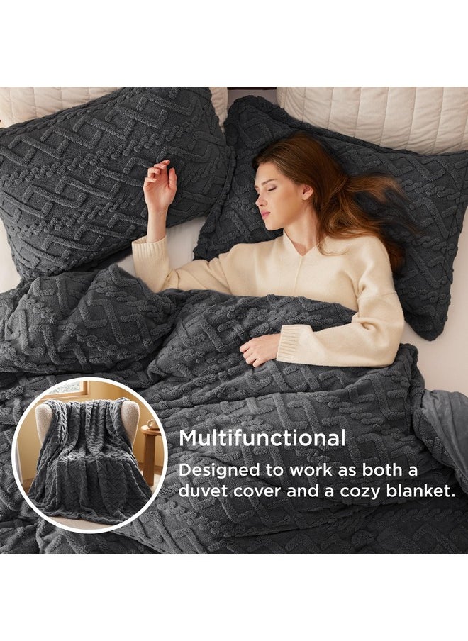 Bedsure Fluffy Comforter Cover Set - Faux Fur Duvet Cover Queen Size, Dark Grey Plush Quilt Cover, 3 Pieces,1 Duvet Cover (90