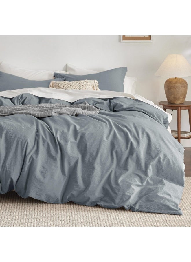 Bedsure 100% Washed Cotton Duvet Cover Queen - Grey Blue Minimalist Cotton Duvet Cover Set Linen Like - 3 Pieces Plain Simple Cotton Duvet Cover Set with 2 Pillow Shams (Grayish Blue, Queen, 90