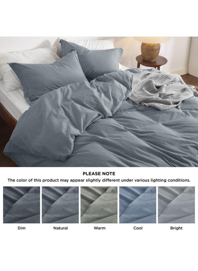 Bedsure 100% Washed Cotton Duvet Cover Queen - Grey Blue Minimalist Cotton Duvet Cover Set Linen Like - 3 Pieces Plain Simple Cotton Duvet Cover Set with 2 Pillow Shams (Grayish Blue, Queen, 90