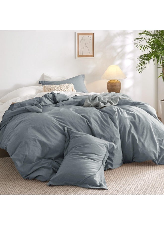 Bedsure 100% Washed Cotton Duvet Cover Queen - Grey Blue Minimalist Cotton Duvet Cover Set Linen Like - 3 Pieces Plain Simple Cotton Duvet Cover Set with 2 Pillow Shams (Grayish Blue, Queen, 90