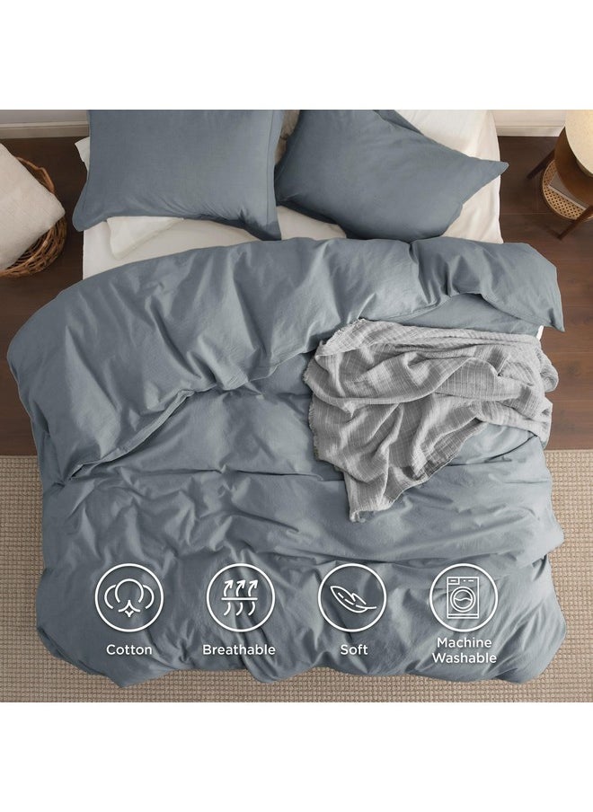 Bedsure 100% Washed Cotton Duvet Cover Queen - Grey Blue Minimalist Cotton Duvet Cover Set Linen Like - 3 Pieces Plain Simple Cotton Duvet Cover Set with 2 Pillow Shams (Grayish Blue, Queen, 90