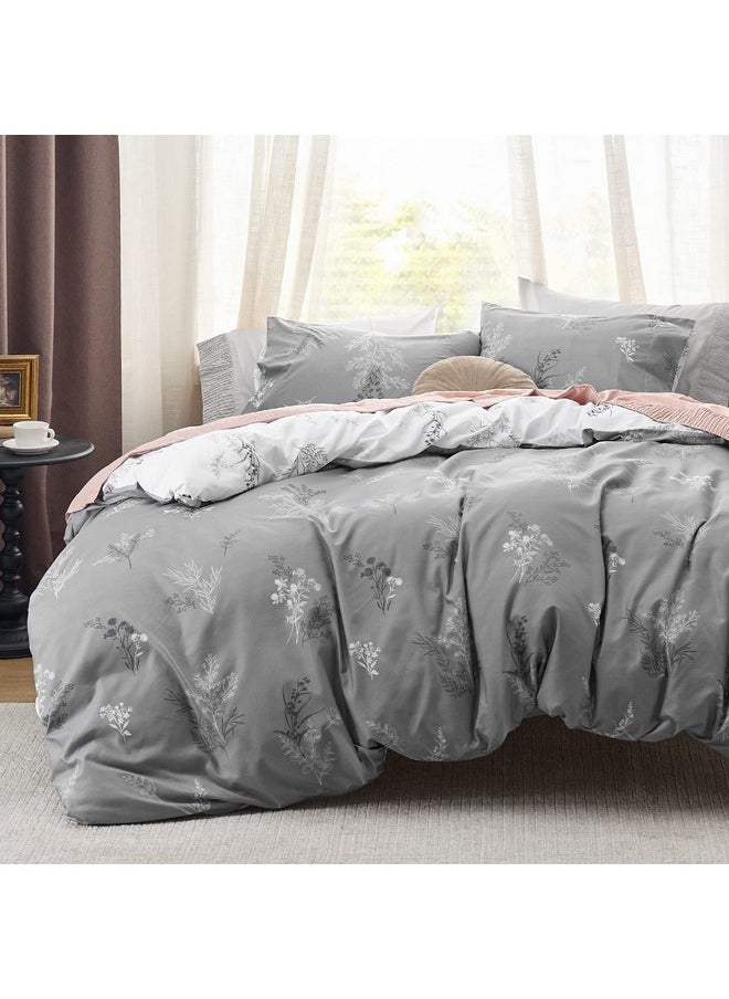 Bedsure Duvet Cover Queen Size - Reversible Floral Duvet Cover Set with Zipper Closure, Grey Bedding Set, 3 Pieces, 1 Duvet Cover 90