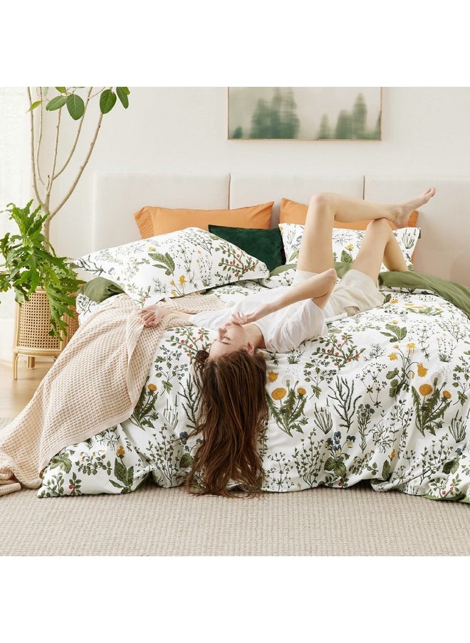 Bedsure Duvet Cover Queen Size - 100% Cotton Reversible Floral Duvet Cover Set with Zipper, Soft & Breathable Green Bedding Set, 3 Pieces, 1 Duvet Cover 90