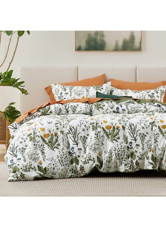 Bedsure Duvet Cover Queen Size - 100% Cotton Reversible Floral Duvet Cover Set with Zipper, Soft & Breathable Green Bedding Set, 3 Pieces, 1 Duvet Cover 90