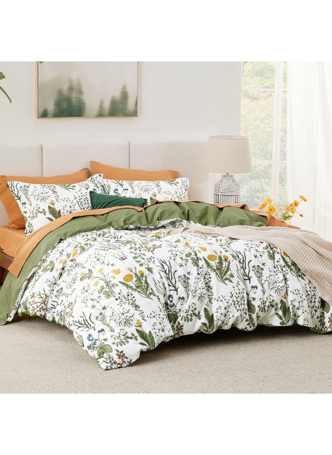 Bedsure Duvet Cover Queen Size - 100% Cotton Reversible Floral Duvet Cover Set with Zipper, Soft & Breathable Green Bedding Set, 3 Pieces, 1 Duvet Cover 90