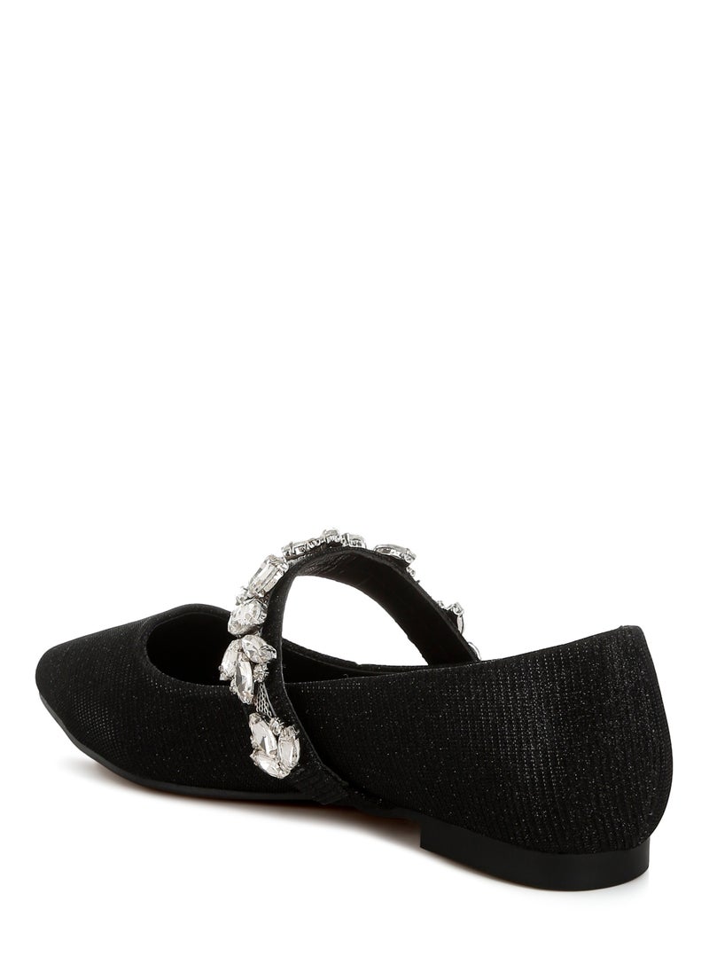 Diamante Brooch Glitter Ballerinas in Black