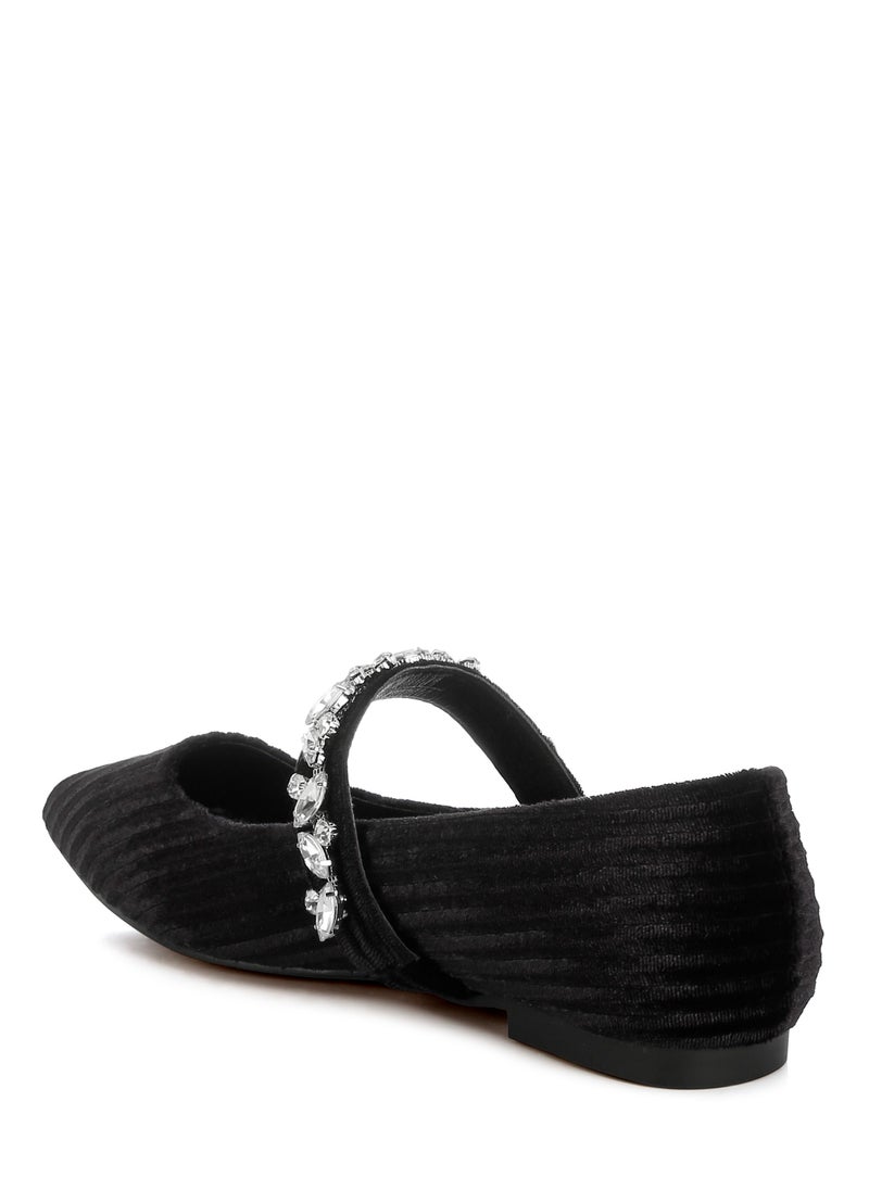 Diamante Brooch Velvet Ballerinas in Black