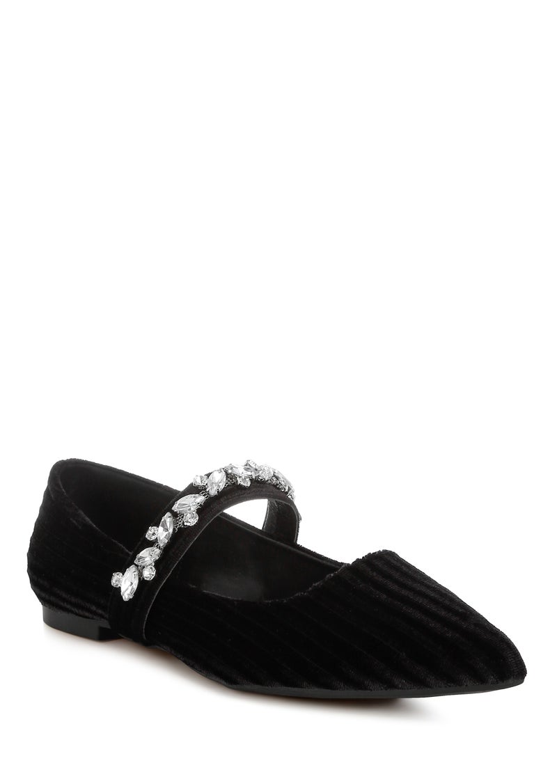 Diamante Brooch Velvet Ballerinas in Black