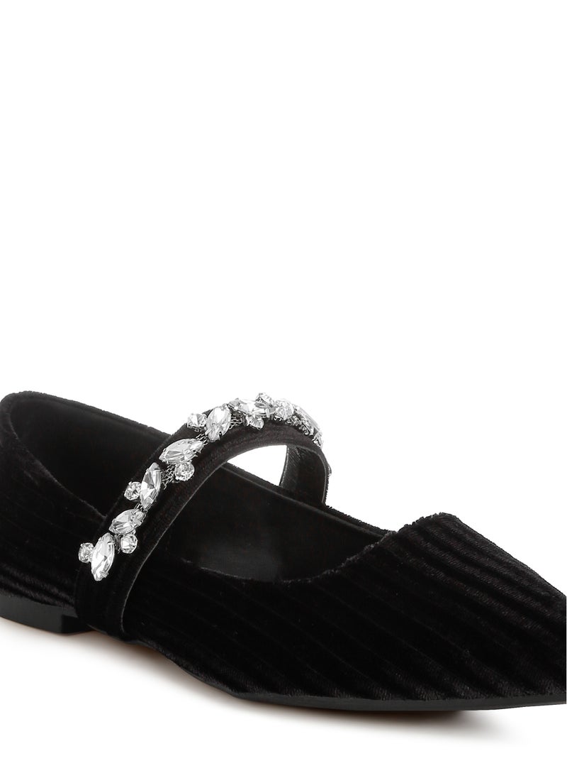 Diamante Brooch Velvet Ballerinas in Black