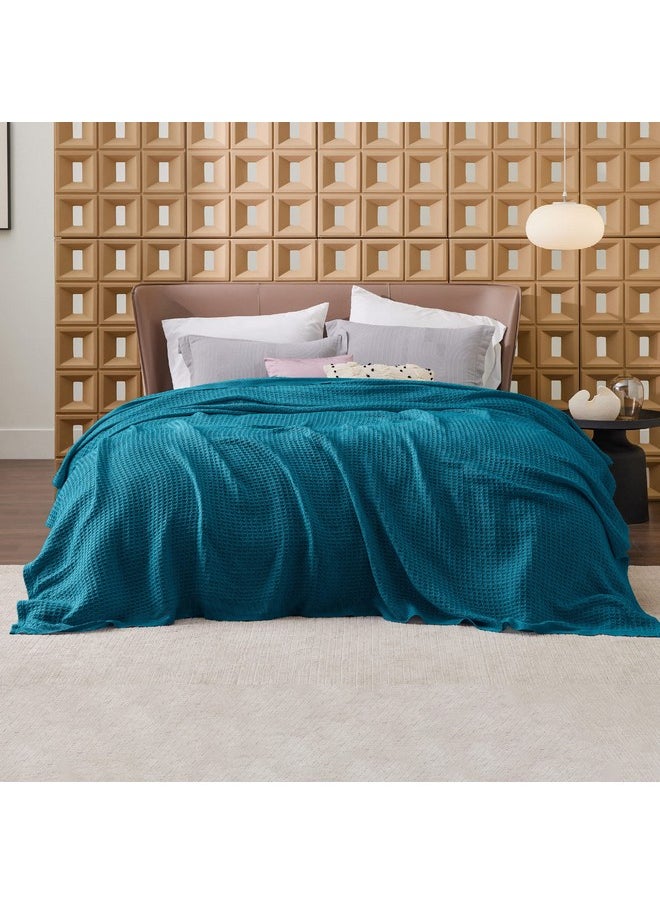 Bedsure 100% Cotton Blanket Queen Size for Bed - Waffle Weave Fall Blanket, Lightweight and Breathable Soft Woven Blanket for Summer, Teal, 90x90 Inches