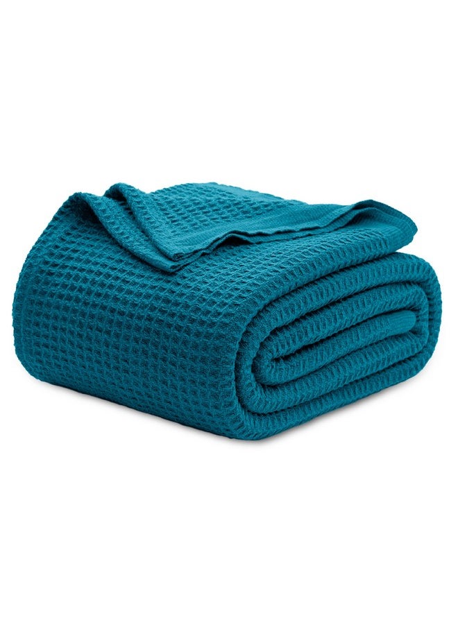 Bedsure 100% Cotton Blanket Queen Size for Bed - Waffle Weave Fall Blanket, Lightweight and Breathable Soft Woven Blanket for Summer, Teal, 90x90 Inches