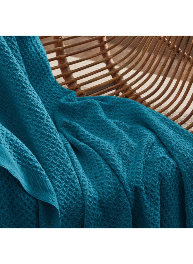 Bedsure 100% Cotton Blanket Queen Size for Bed - Waffle Weave Fall Blanket, Lightweight and Breathable Soft Woven Blanket for Summer, Teal, 90x90 Inches