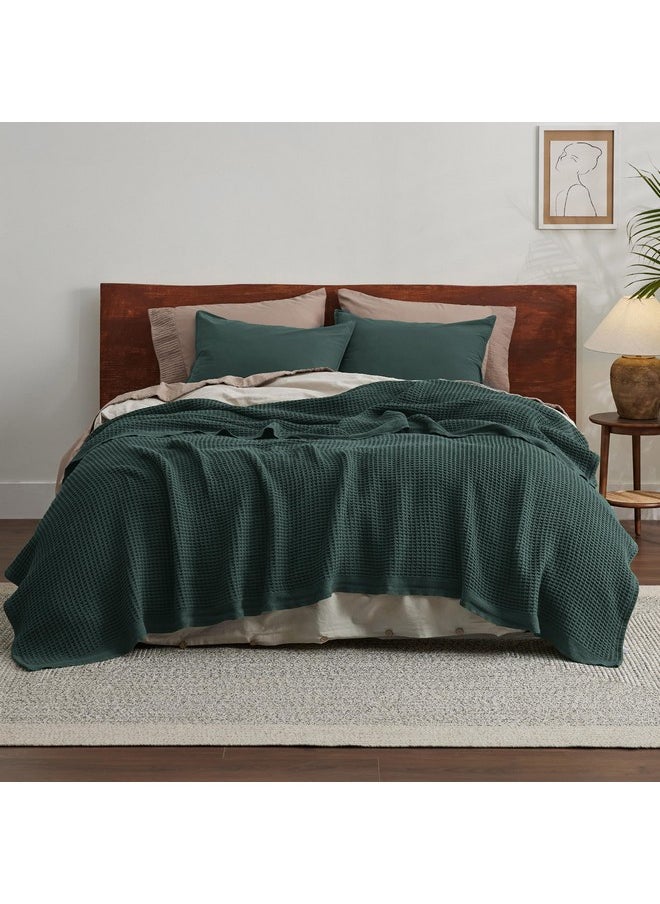 Bedsure 100% Cotton Blanket Queen Size for Bed - Waffle Weave Fall Blanket, Lightweight and Breathable Soft Woven Blanket for Summer, Dark Green, 90x90 Inches