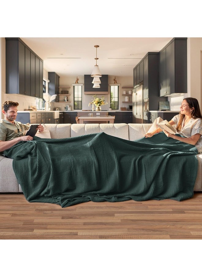 Bedsure 100% Cotton Blanket Queen Size for Bed - Waffle Weave Fall Blanket, Lightweight and Breathable Soft Woven Blanket for Summer, Dark Green, 90x90 Inches