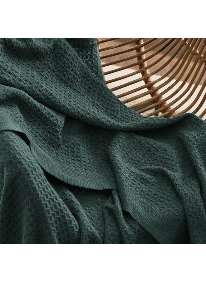 Bedsure 100% Cotton Blanket Queen Size for Bed - Waffle Weave Fall Blanket, Lightweight and Breathable Soft Woven Blanket for Summer, Dark Green, 90x90 Inches