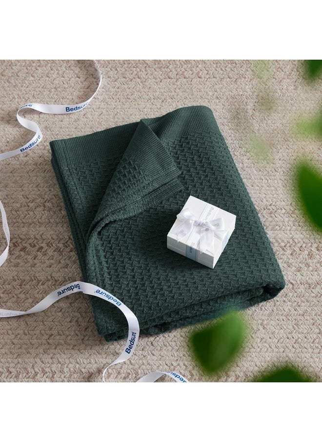 Bedsure 100% Cotton Blanket Queen Size for Bed - Waffle Weave Fall Blanket, Lightweight and Breathable Soft Woven Blanket for Summer, Dark Green, 90x90 Inches