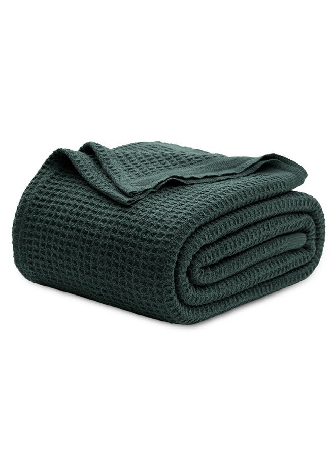 Bedsure 100% Cotton Blanket Queen Size for Bed - Waffle Weave Fall Blanket, Lightweight and Breathable Soft Woven Blanket for Summer, Dark Green, 90x90 Inches