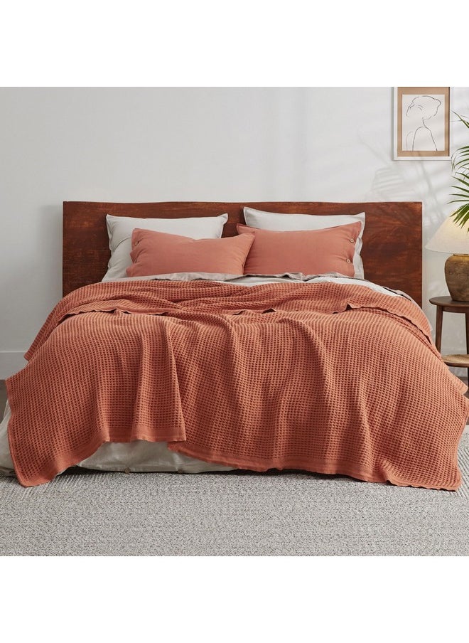 Bedsure 100% Cotton Blanket Queen Size for Bed - Waffle Weave Fall Blanket, Lightweight and Breathable Soft Woven Blanket for Summer, Red Orange, 90x90 Inches