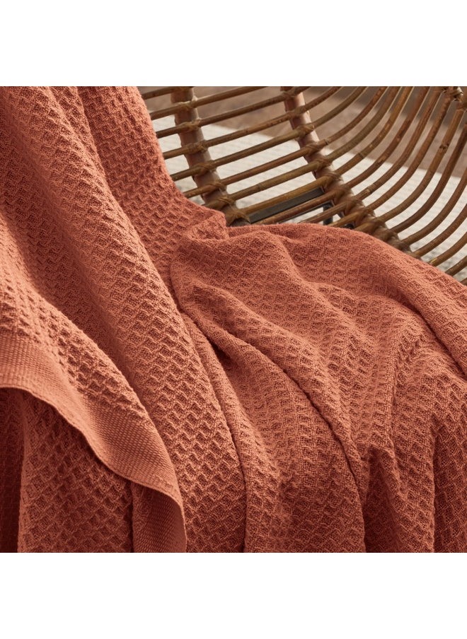 Bedsure 100% Cotton Blanket Queen Size for Bed - Waffle Weave Fall Blanket, Lightweight and Breathable Soft Woven Blanket for Summer, Red Orange, 90x90 Inches