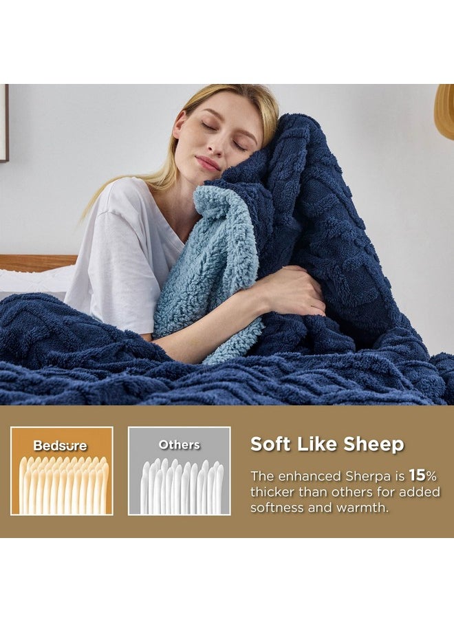 Bedsure Sherpa Queen Size Blanket for Bed - Fuzzy Soft Cozy Blanket Queen Size, Fleece Thick Warm Blanket for Winter, Navy, 90x90 Inches